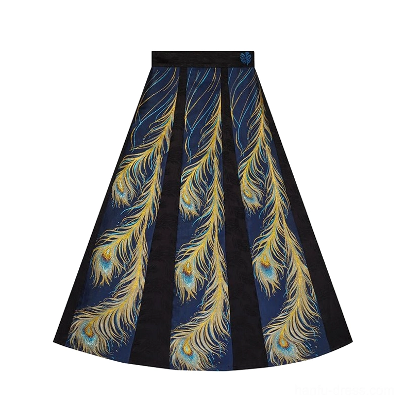 Flat lay of a high-waisted eight-panel hanfu wrap skirt in black and dark blue with vertical gold peacock feather patterns