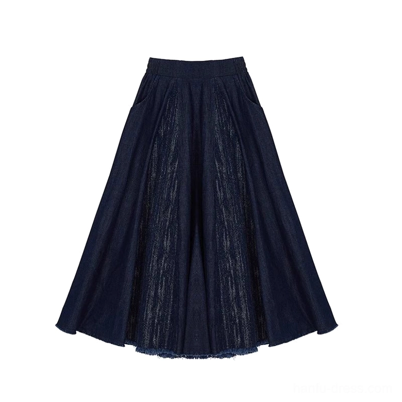 Flat lay of high-waisted indigo denim eight-panel Hanfu skirt with washed stripe texture distressed hem and side pockets