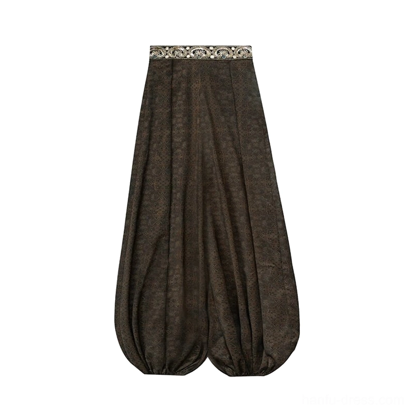 Flat lay of high-waisted dark brown modern Hanfu lantern pants with embroidered waistband and elasticated leg openings