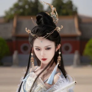 Woman wearing the Holy Moon Hanfu hair accessories complete set with gold crescent crown blue ornaments pearl details and light blue tassel earrings