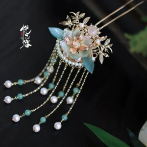 Hua Jintu Hanfu floral tassel hairpin with gold-tone metal leaves, blue jade-style leaf beads, pink flower and green pearl tassels
