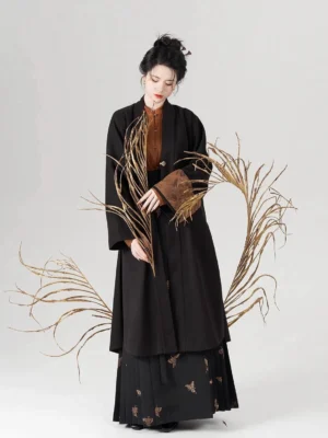 Front view of black and brown Hundred Butterflies Hanfu outfit with open-front long coat, stand-collar top, and printed mamian skirt