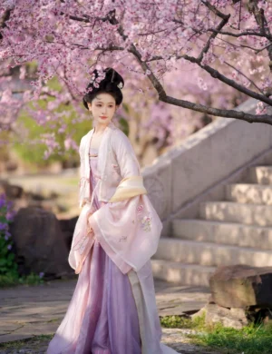 Side view of Tang Dynasty hanfu outfit with floral pink outer robe, gradient yellow cuffs, flowing lavender pleated qixiong skirt and draped shawl in a classical garden