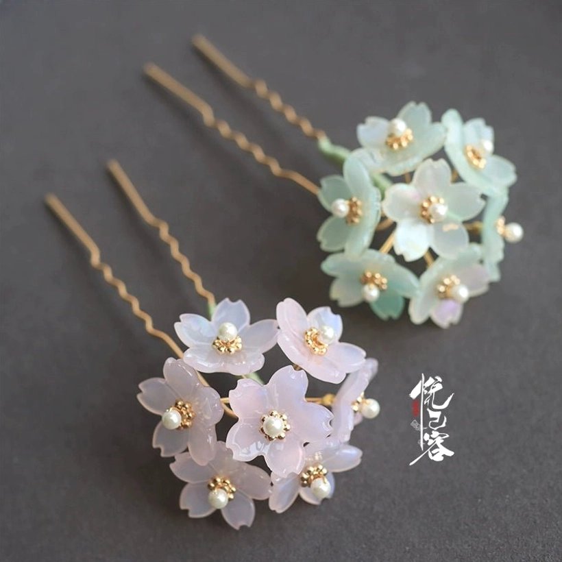 Two sets of hydrangea Chinese hair pins with light pink white and mint green resin flowers pearl details and golden hair sticks