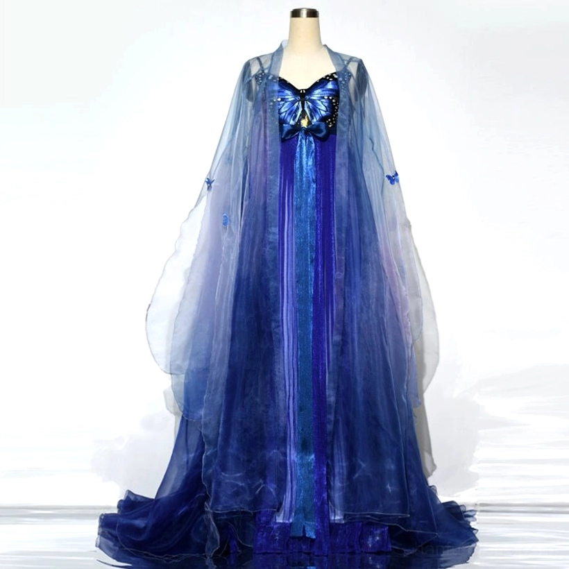 Illusory Butterfly Tang-style Hanfu Heziqun displayed on a mannequin with blue butterfly chest embroidery, layered gradient translucent robe, deep blue pleated skirt, and decorative blue details
