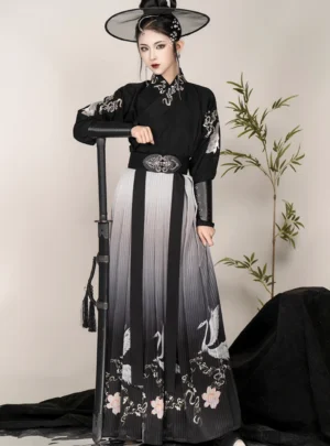 Onyx black immortal crane wuxia qiyao ruqun Hanfu complete set with embroidered cross-collar top, pleated skirt, belt and bracers
