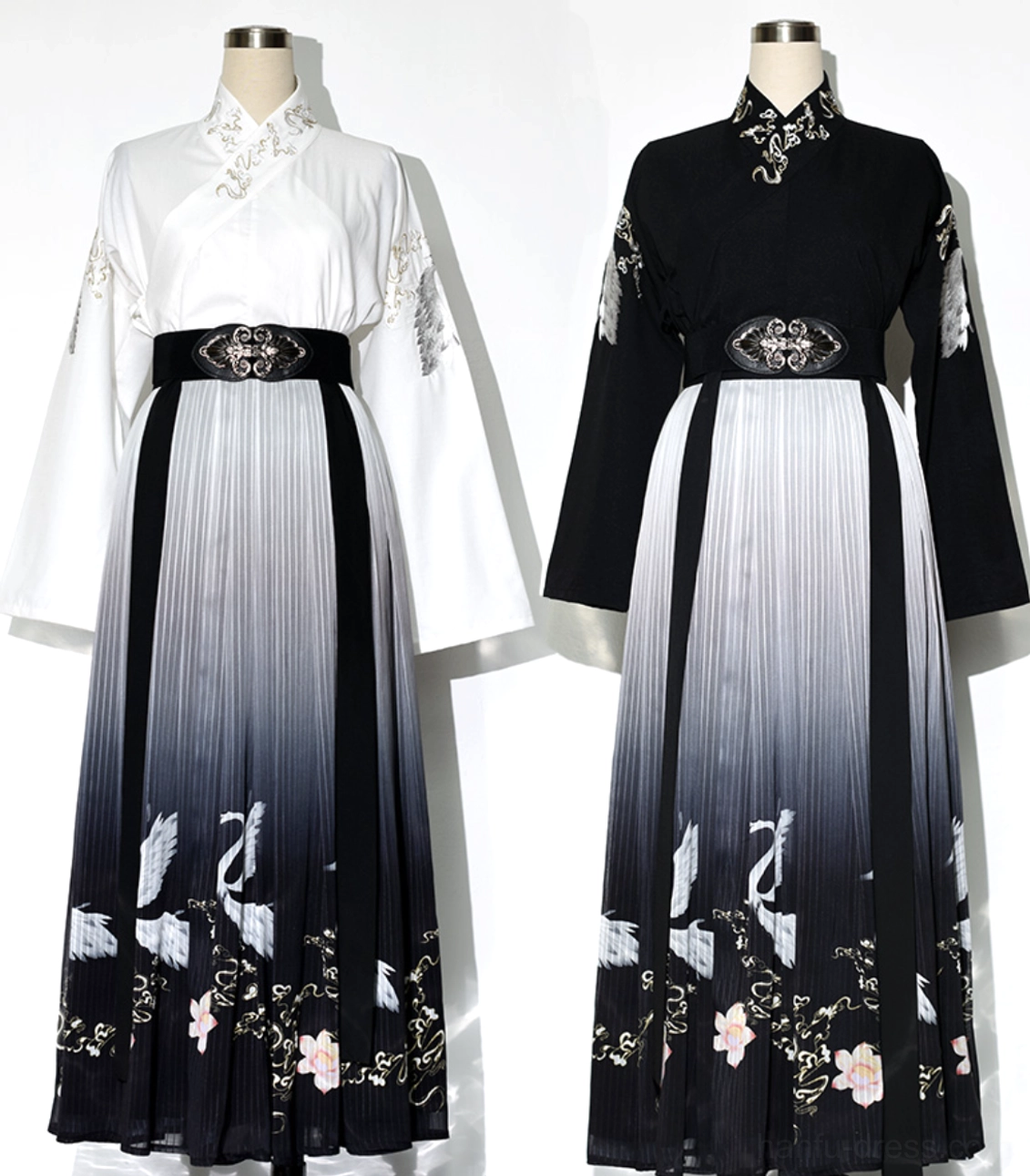 Onyx black and white immortal crane wuxia Hanfu color variants displayed with embroidered cross-collar tops and gradient qiyao skirts