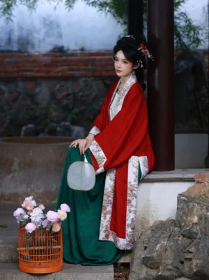 Woman seated in a traditional Chinese garden wearing Immortal Garden Song Dynasty Hanfu with red beizi and emerald green skirt