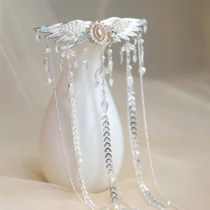 Silver Chinese-style winged tassel hair comb decorated with faux pearls rhinestones and layered hanging chains