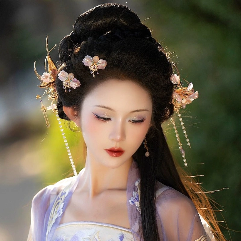 Delicate purple floral Hanfu hairpin with gilded scrollwork gemstone-style beads and short crystal tassels