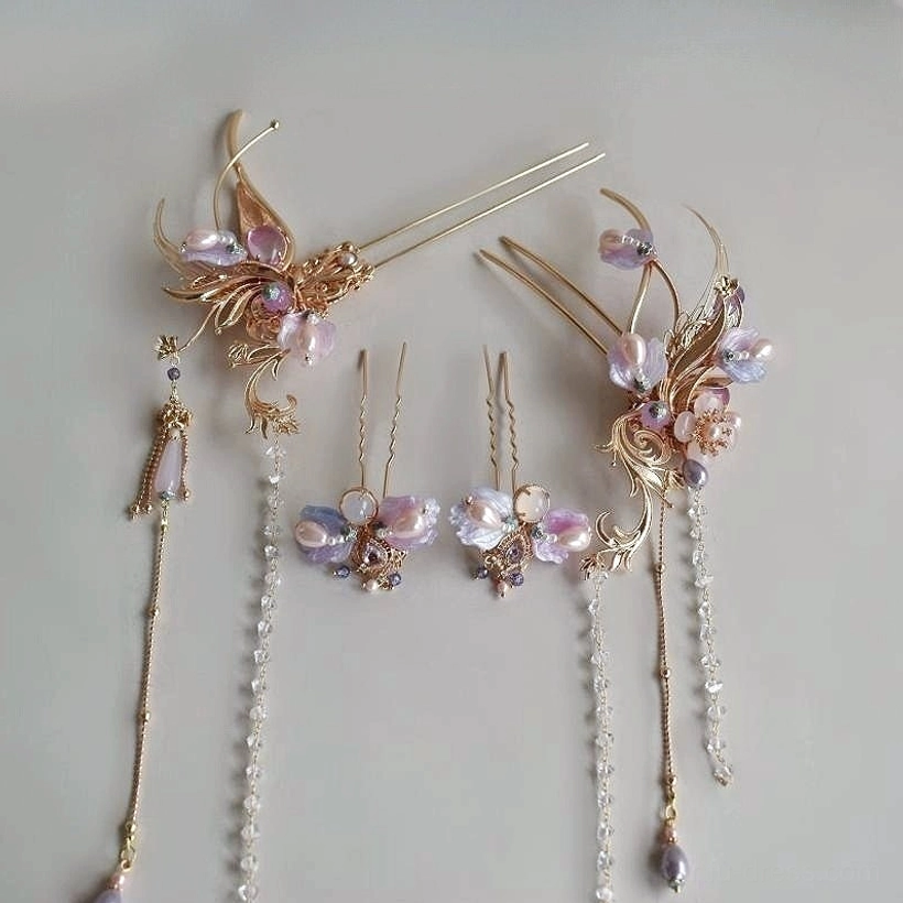 Dual-pronged gold tone Hanfu hairpin with iridescent purple beads pearl drop and chain tassel detail