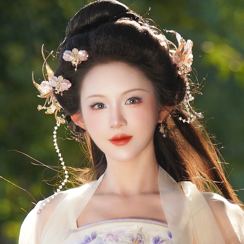 Purple floral Chinese Hanfu hair accessories with gold hairpins beaded chains and tassels worn outdoors