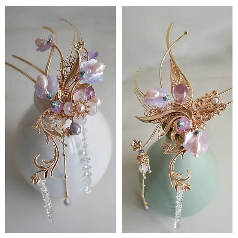 Ornate Immortal Ziya Hanfu hairpin in antique gold tone with purple gradient beads pearl details and long crystal tassels