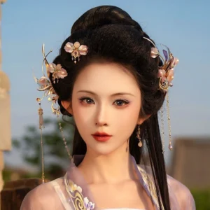 Immortal Ziya purple floral Hanfu hairpin set worn by model with gold tassels and beaded Chinese hair ornaments