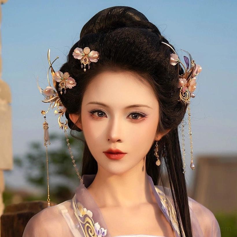 Immortal Ziya purple floral Hanfu hairpin set worn by model with gold tassels and beaded Chinese hair ornaments