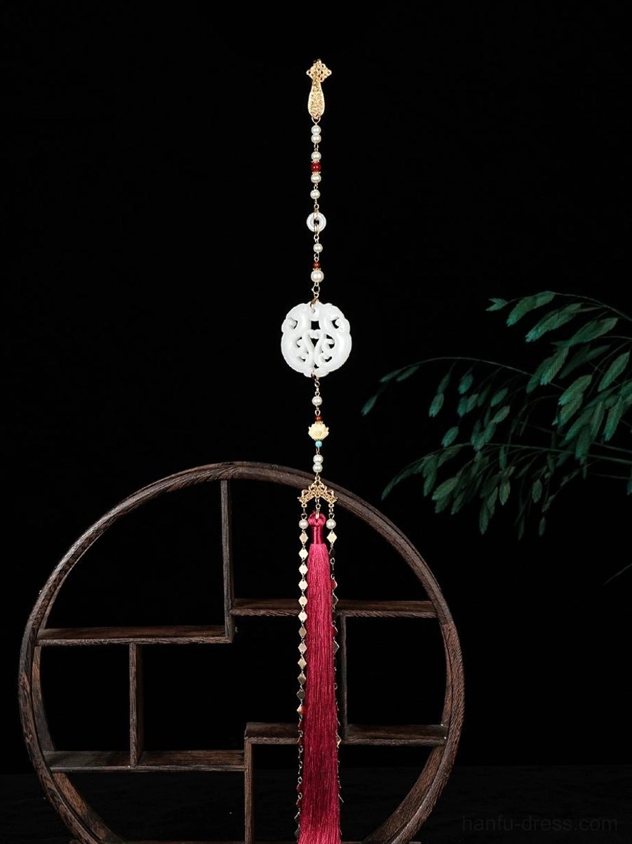Imperial Chinese tassel necklace accessory with white floral pendant, decorative bead chain and deep burgundy silk tassel