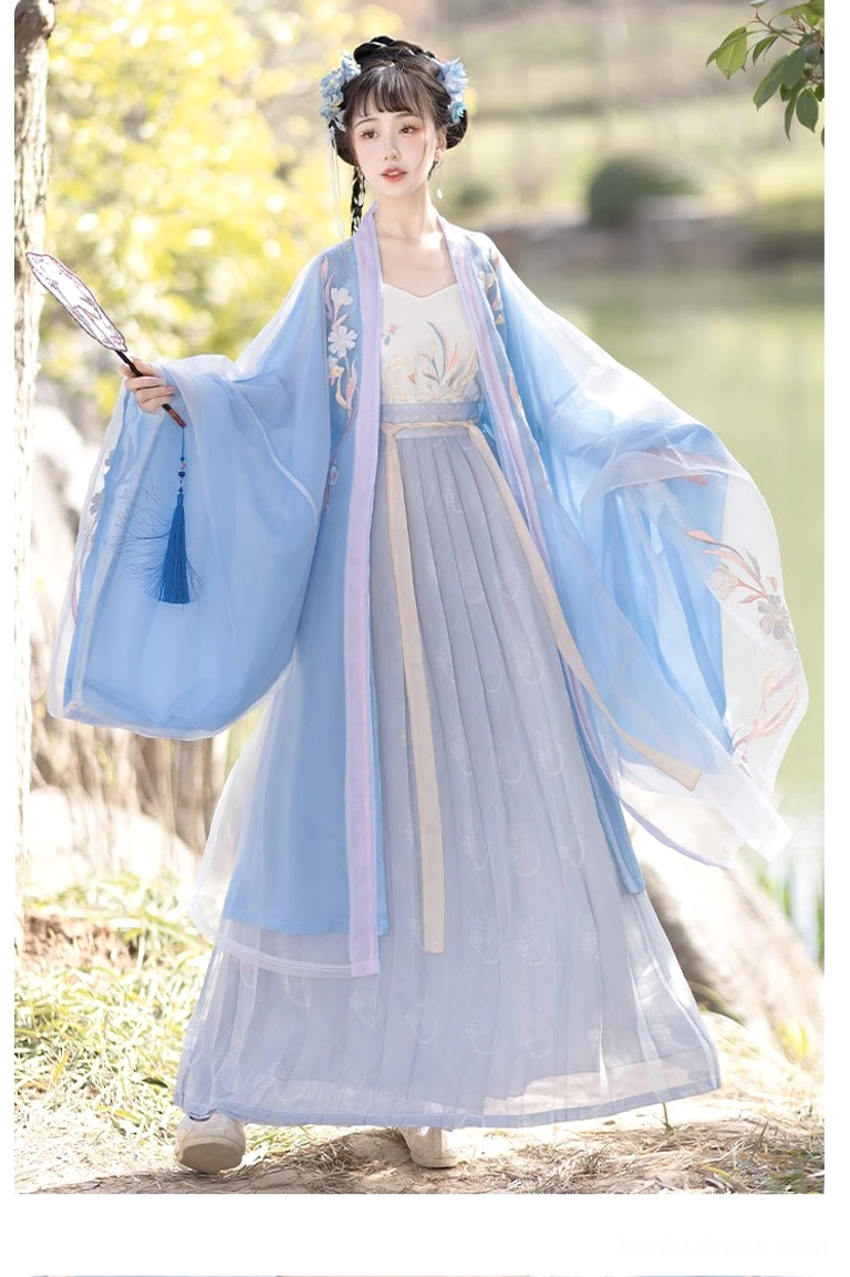 Blue Song Dynasty Hanfu Qiyao Ruqun full side view showing oversized flowing sleeves, orchid embroidery, and layered wrap skirt