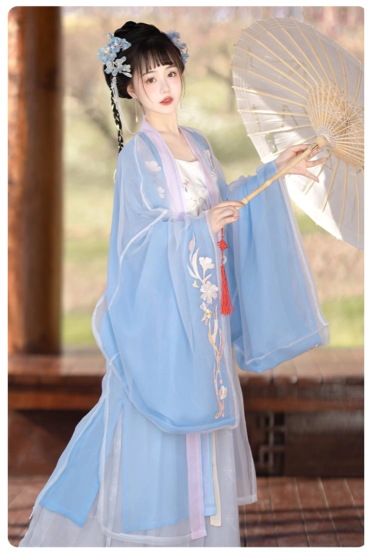 Song Dynasty inspired indigo Hanfu set side view with sheer blue embroidered outer robe, wrap skirt, and graceful wide sleeves
