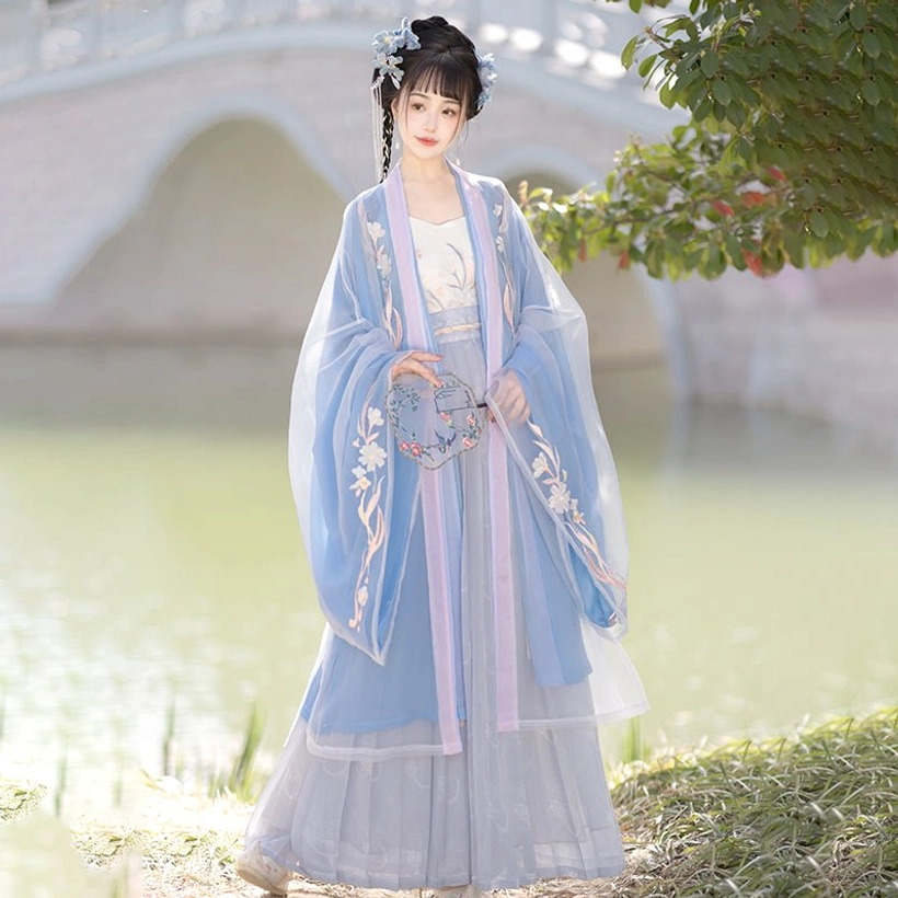 Indigo Blossoms Song Dynasty Qiyao Ruqun Hanfu complete set full front view with blue wide-sleeve top and lavender gray skirt