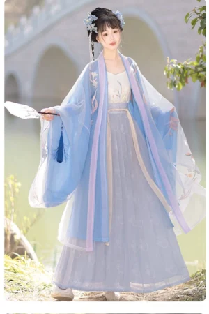 Song Dynasty style indigo Qiyao Ruqun Hanfu side view featuring floral embroidered sheer wide-sleeve outer top and flowing skirt