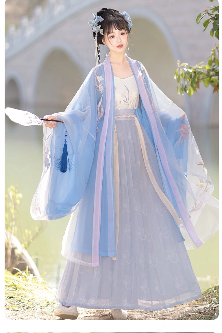 Song Dynasty style indigo Qiyao Ruqun Hanfu side view featuring floral embroidered sheer wide-sleeve outer top and flowing skirt