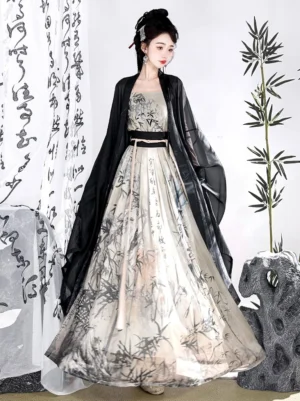 Full front view of an ink bamboo Qiyao Ruqun Hanfu outfit featuring a black sheer outer robe, bamboo calligraphy print skirt, ivory camisole, and structured black waist belt