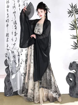Three-quarter front view of an ink bamboo Song Dynasty style Qiyao Ruqun Hanfu set with ivory printed dress, black sheer big sleeves, wide waist belt, and flowing floor-length skirt