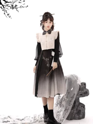 Full front view of Ink Blossom modern Ming-inspired Hanfu midi dress set with sheer black lantern sleeves, embroidered beige waistcoat, and gradient floral skirt