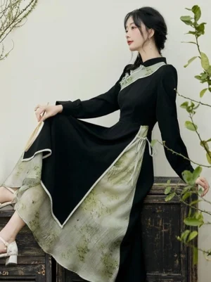 Ink green modern Hanfu cheongsam style midi dress with embroidered Mandarin collar and layered skirt side view