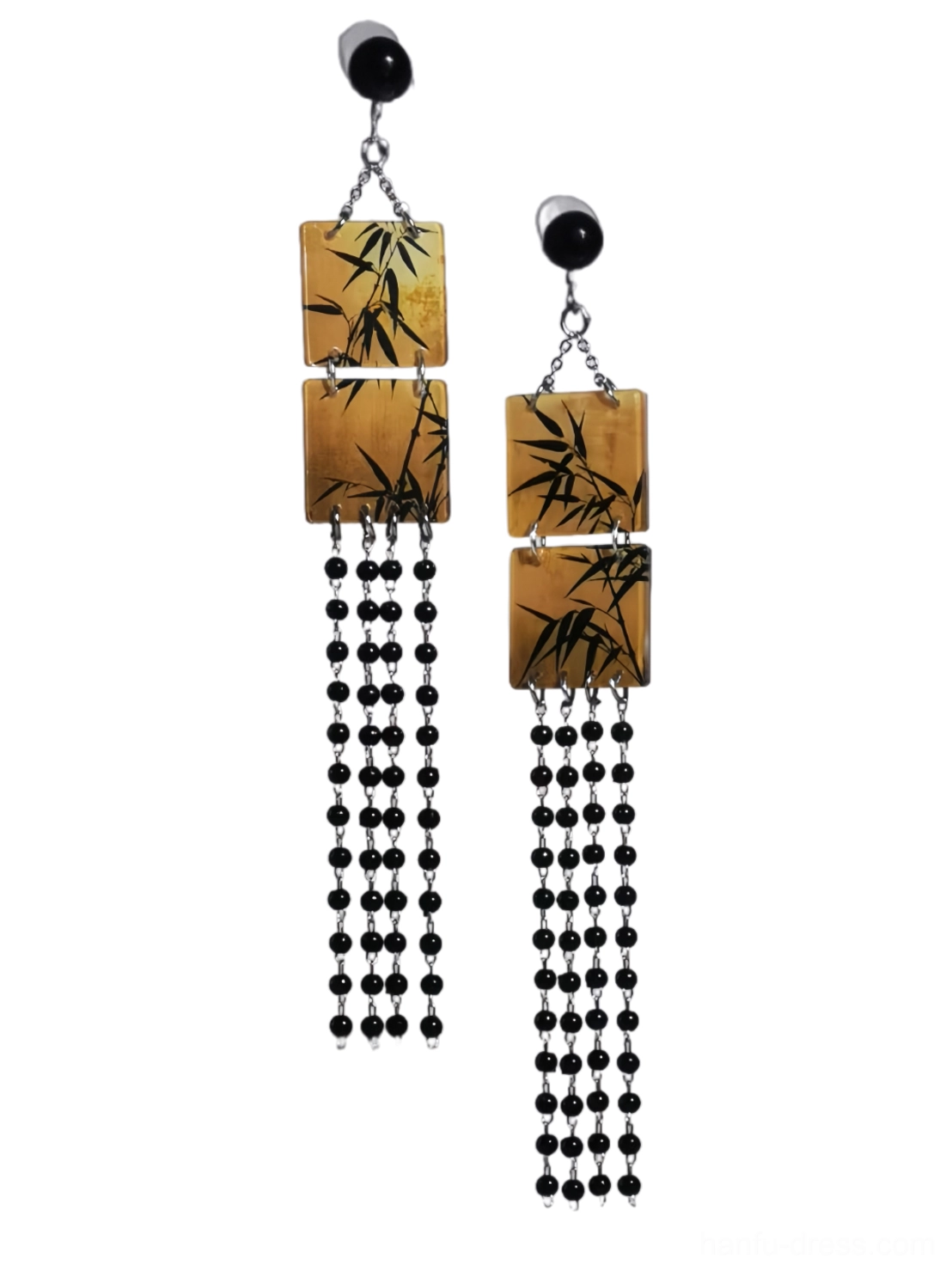 Pair of ink painting bamboo square tassel Chinese earrings with black bead drops on a white background