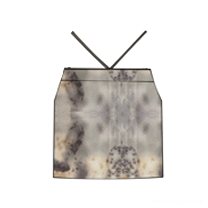 Flat lay view of an ink-patterned modern Hanfu camisole with thin spaghetti straps, grey-brown tie-dye detail, and decorative hem print