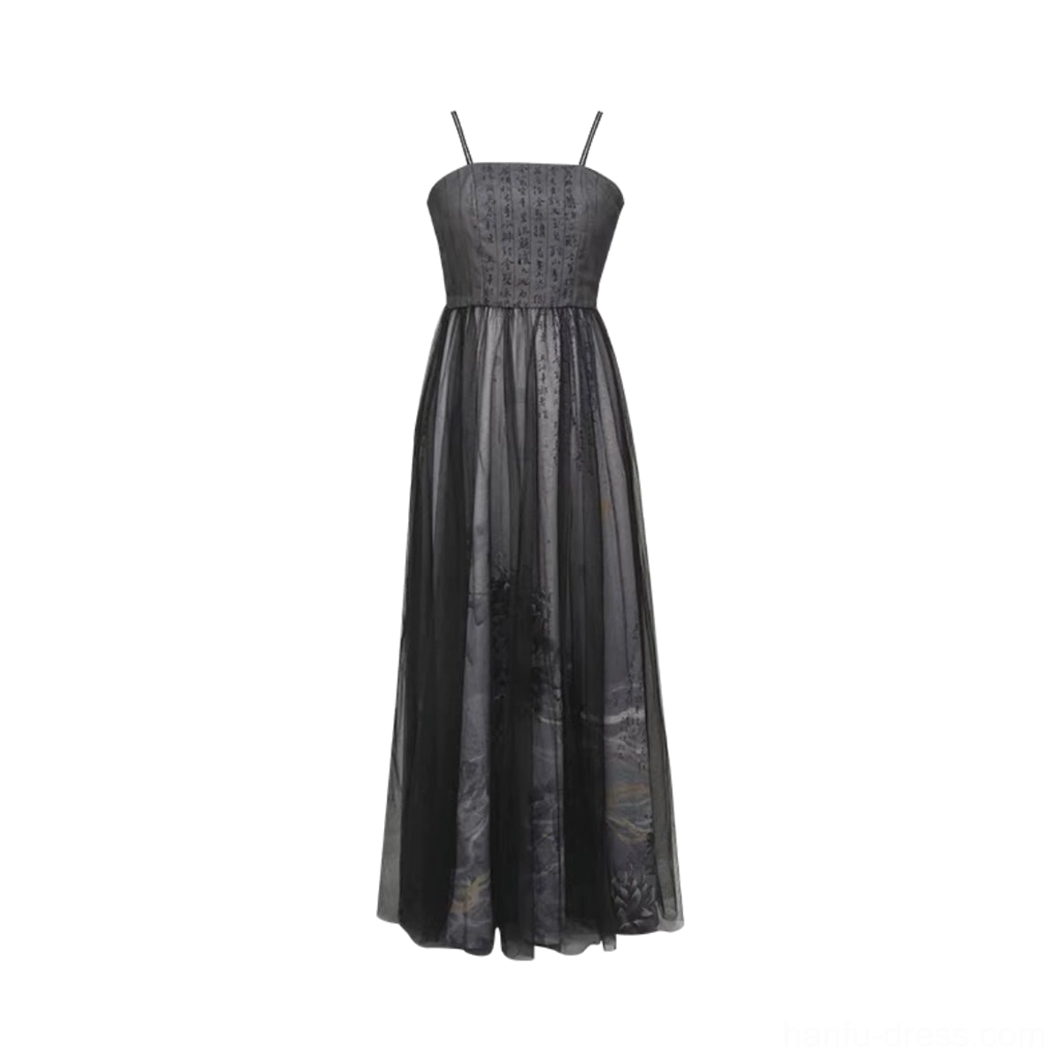 Ink print slip Hanfu maxi dress with thin shoulder straps square neck bodice and flowing floor length tulle skirt
