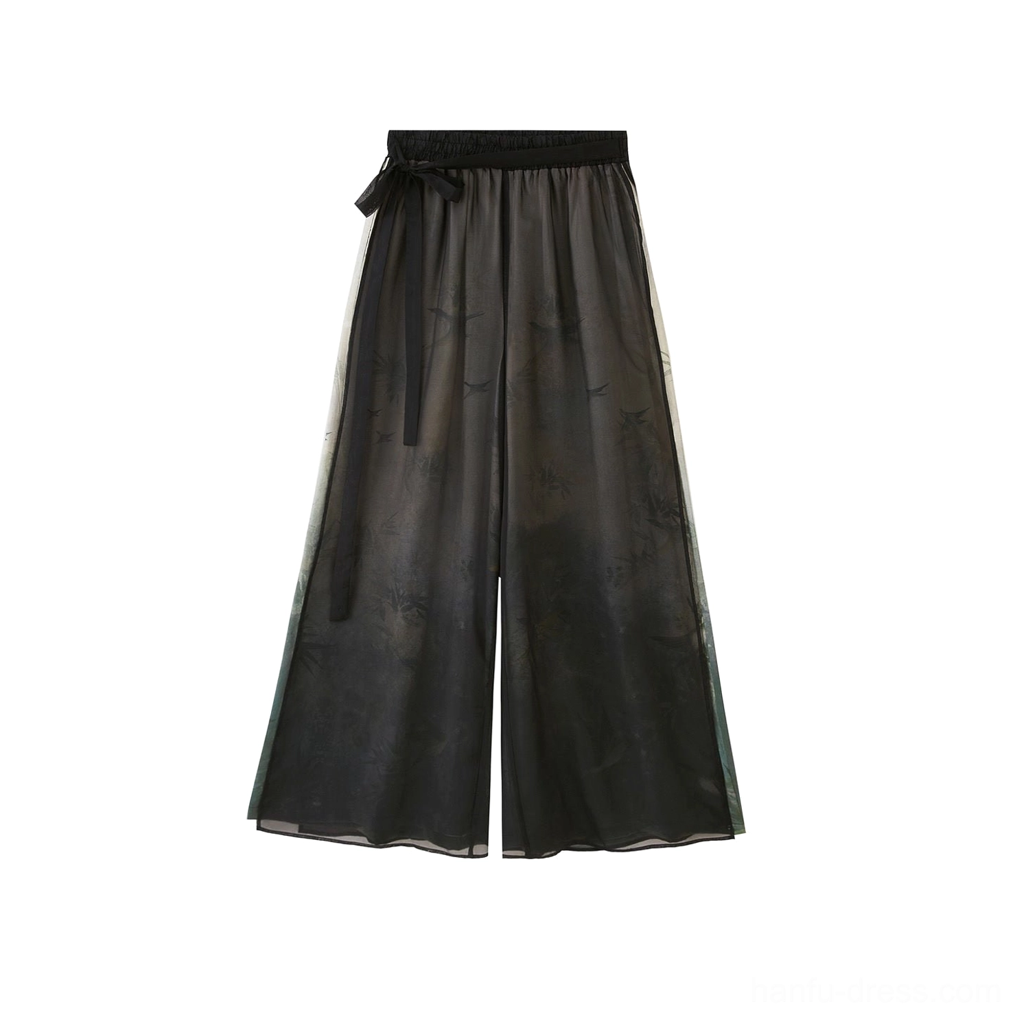 Flat lay product view of black and deep green ink-wash gradient Hanfu wide leg pants with flowing fabric and adjustable drawstring waist