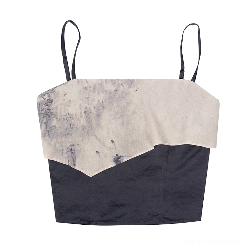 Front view of an ink wash Hanfu camisole with Chinese landscape painting print, dark grey color block panel, and thin black spaghetti straps