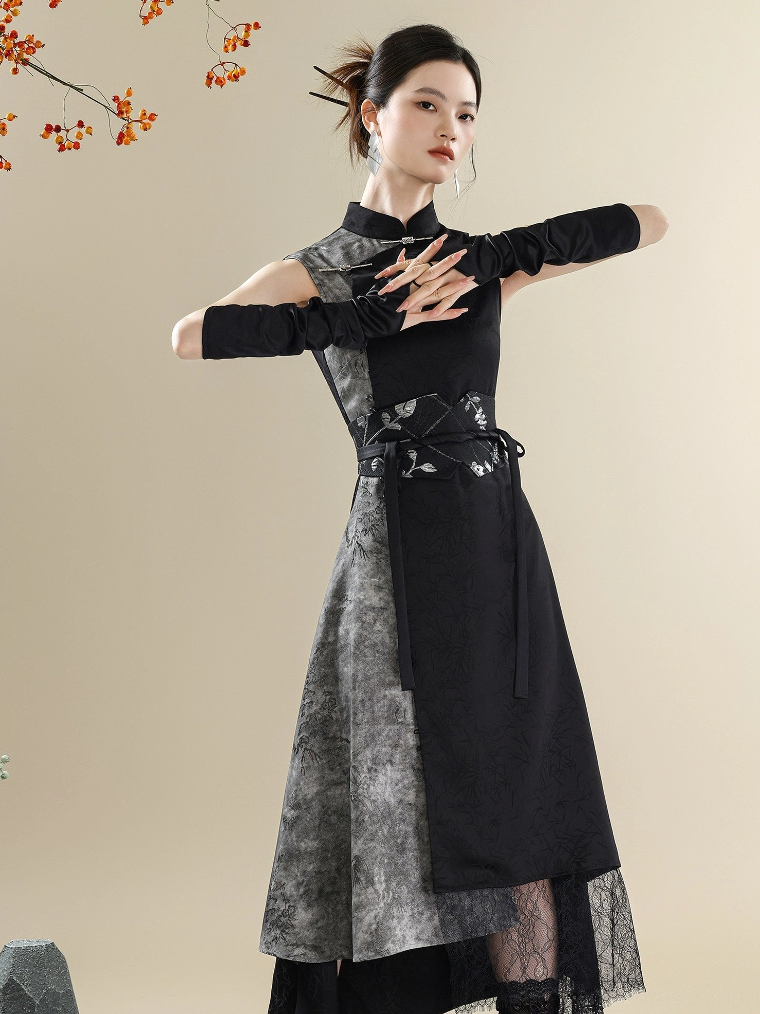 Close-up of modern Hanfu dress details showing the traditional Mandarin stand collar, black and marbled gray fabric contrast, frog-button styling, and embroidered waist girdle