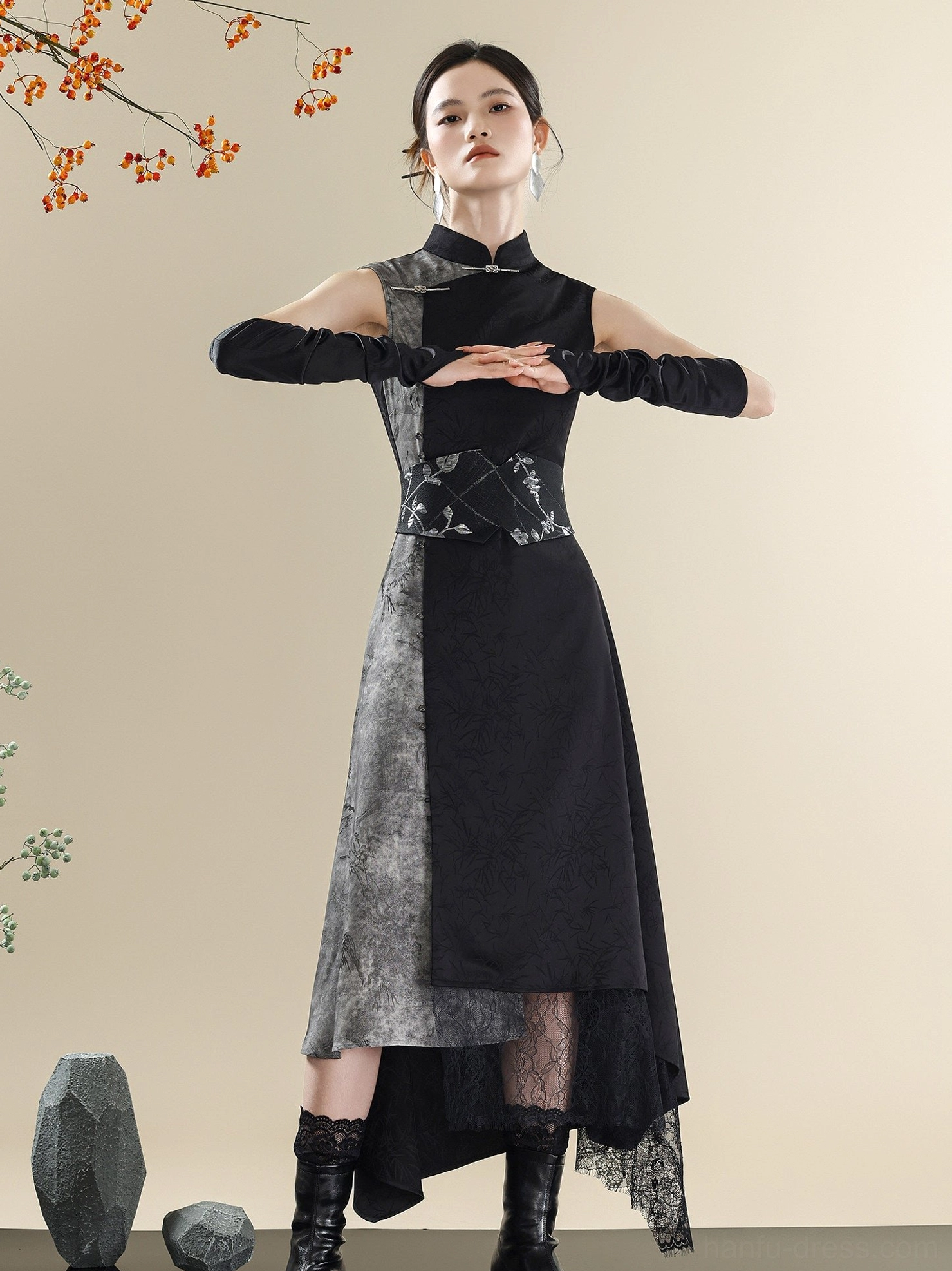 Complete view of an ink-wash Mandarin collar modern Hanfu dress with black and gray color blocking, asymmetrical lace-trimmed skirt, embroidered waist girdle, and fingerless glove styling