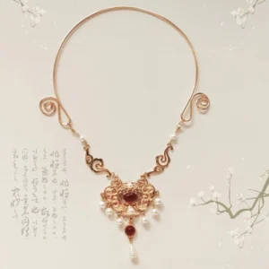 Intense Love Chinese yingluo necklace with rose gold lock pendant red agate pearl beads floral charms and tassel for Hanfu
