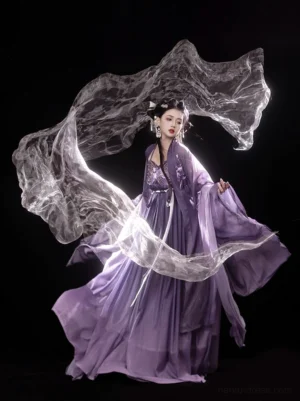 Front full-body view of a woman wearing an Iris Butterfly purple Tang Dynasty Hanfu dress Heziqun set with embroidered bustier, flowing chiffon coat, wide sleeves, and floor-length skirt