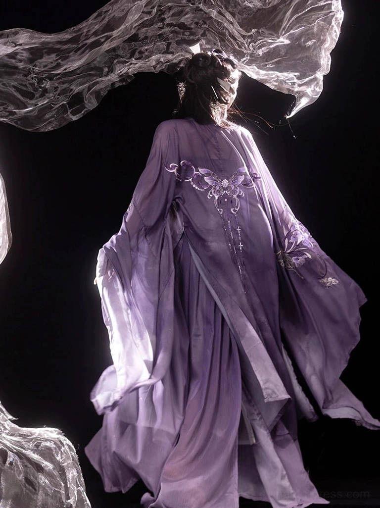Back full-body view of an Iris Butterfly Tang Dynasty Hanfu dress showing butterfly and floral embroidery on the outer robe, layered chiffon fabric, and long skirt hem