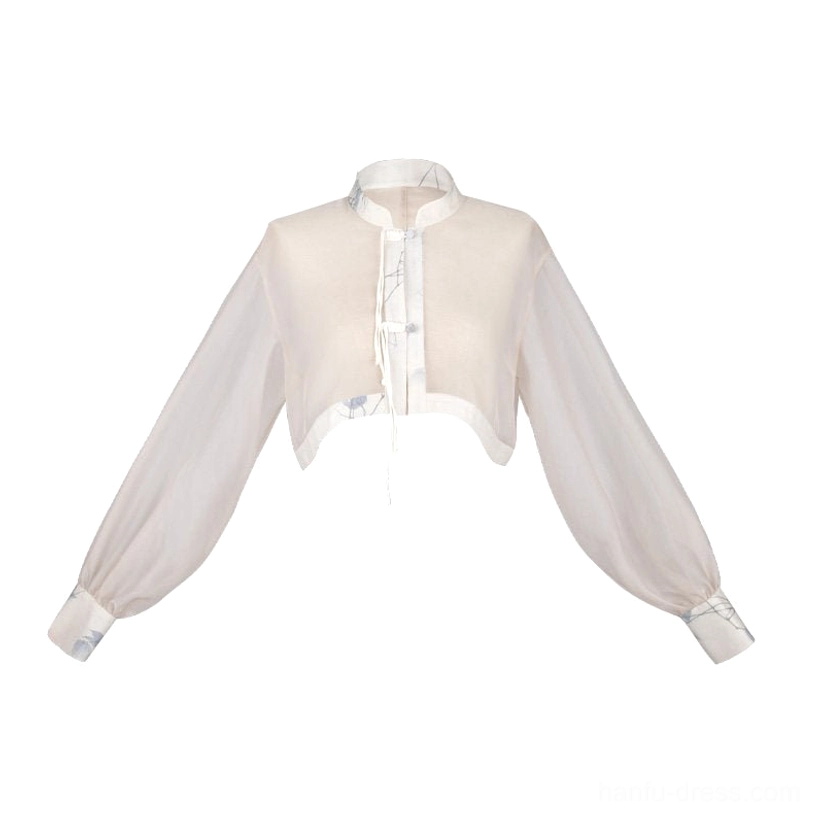 Sheer ivory cropped Hanfu jacket with stand collar lantern sleeves and front tie closure flat lay view