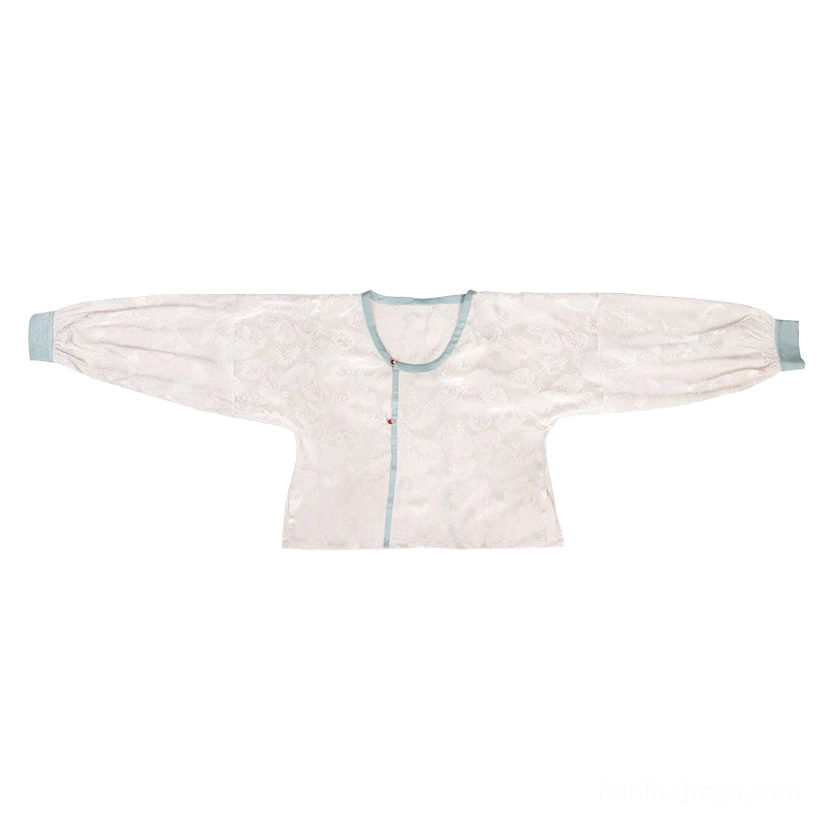 Flat lay view of an ivory jacquard Tang Dynasty Hanfu round collar top with light blue neckline and cuff trim and decorative front button