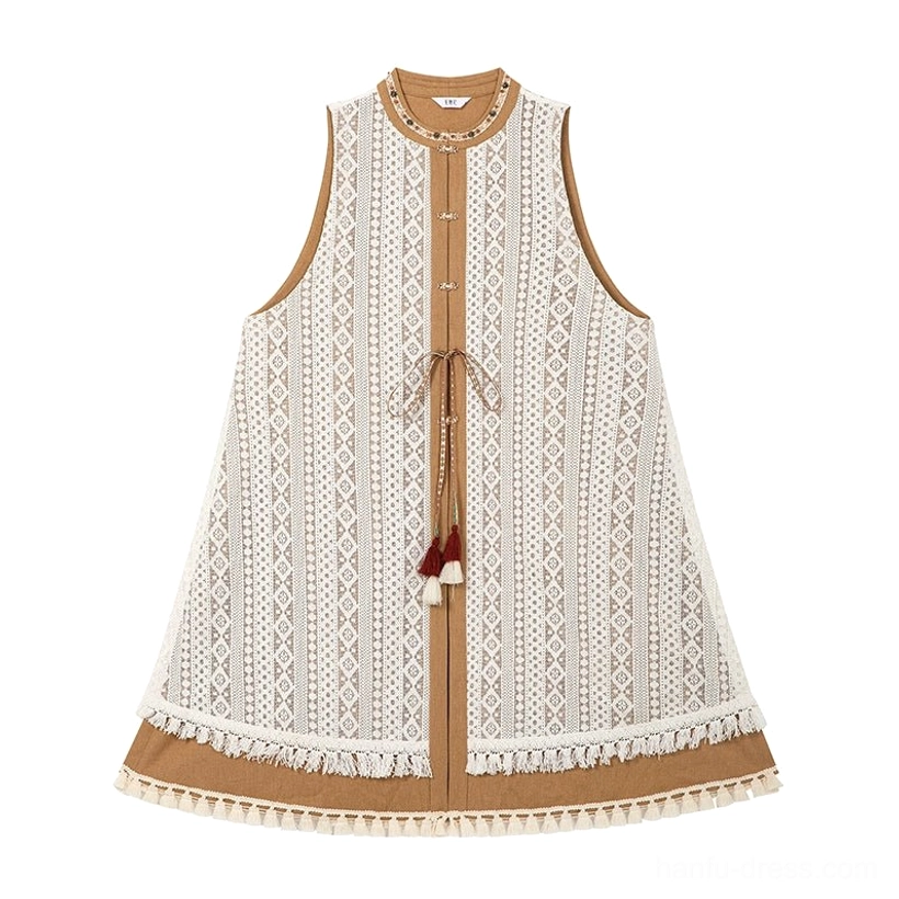 Ivory long Hanfu lace vest inspired by bijia with geometric diamond pattern tan trim tassel fringe and decorative pendant button