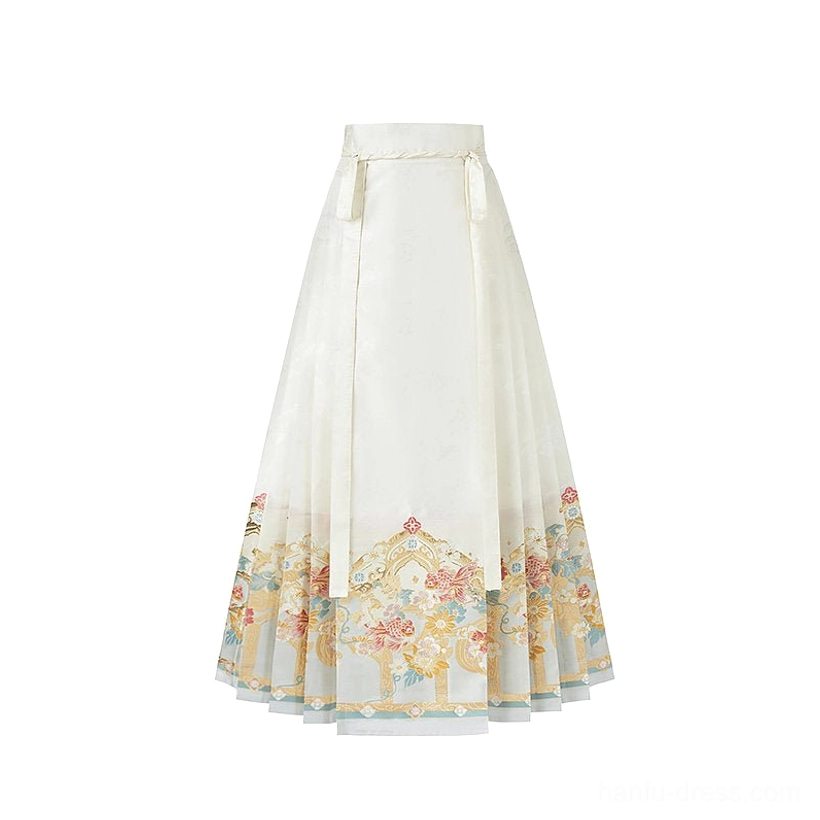 Flat lay view of an ivory Ming style Mamian skirt with classic pleats and intricate gilt floral embroidery along the lower hem