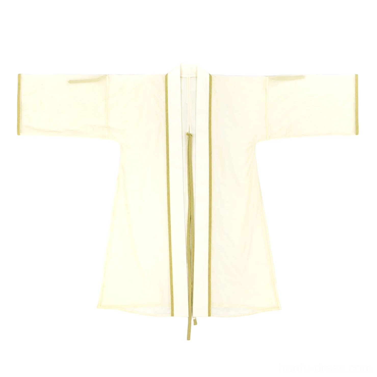 Ivory sheer Hanfu cardigan with dark green contrast trim, long sleeves and traditional-inspired front tie closure
