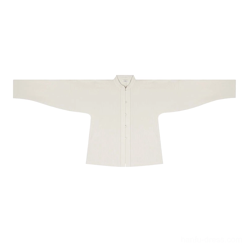 Flat lay of ivory Song Dynasty hanfu long sleeve inner top with stand collar button front and wide sleeves