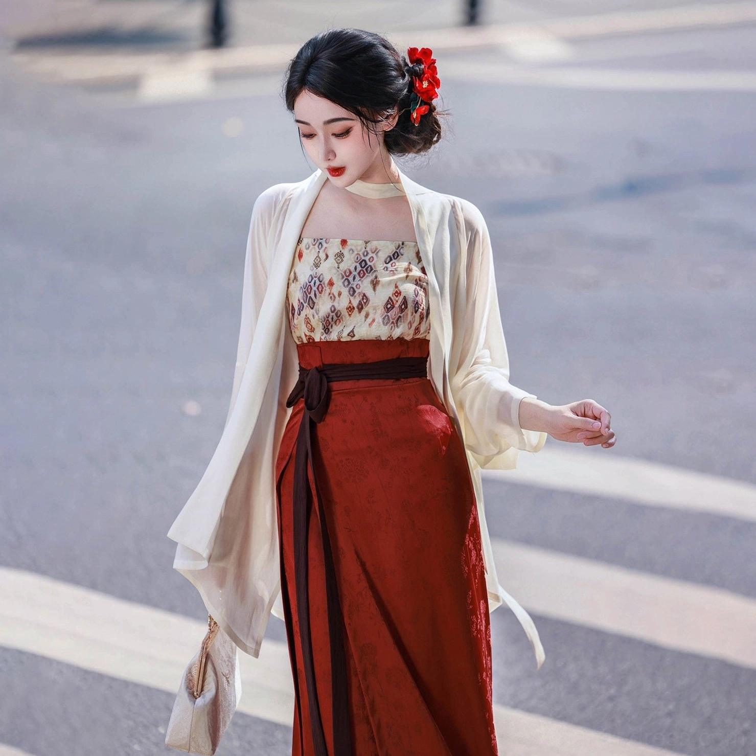 Front wearing view of the complete Jade Beauty Song Dynasty modern Hanfu set with elegant cream wing sleeves, printed camisole, and long reddish brown skirt