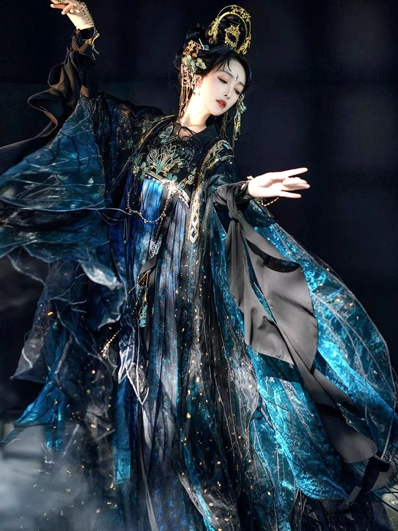 Dynamic classical dance pose wearing a complete Tang Dynasty Hanfu Qixiong Ruqun with oversized wide sleeves, gold speckles, turquoise chest embroidery, and traditional hair ornaments