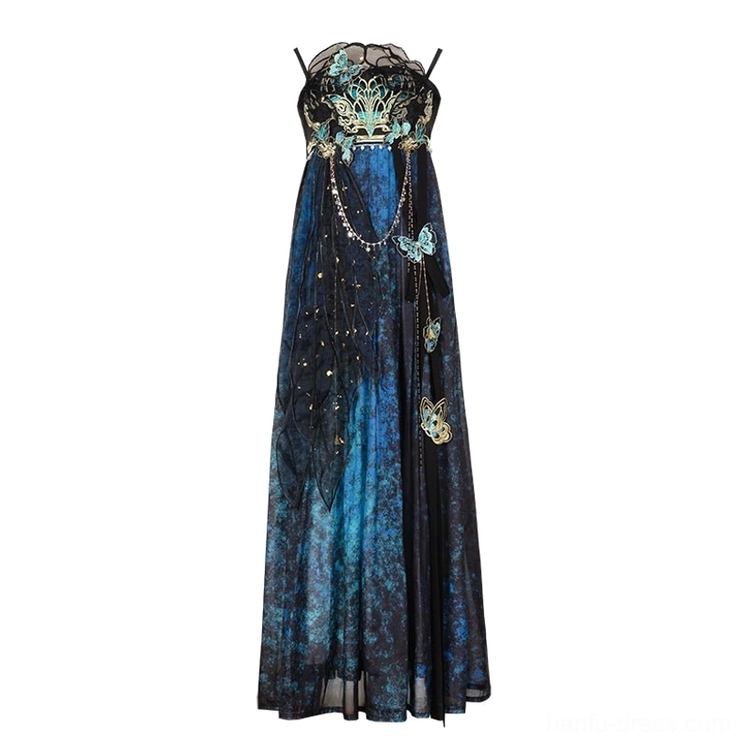 Full front flat product view of a Tang Dynasty Qixiong Ruqun Hanfu set showing embroidered bodice, turquoise and gold details, long black-blue gradient skirt, butterfly accents, and waist chain