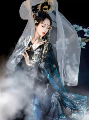 Close-up view of Tang Dynasty Qixiong Ruqun Hanfu showing ornate turquoise and gold chest embroidery, shimmering gradient fabric, traditional hair ornaments, and sheer head veil