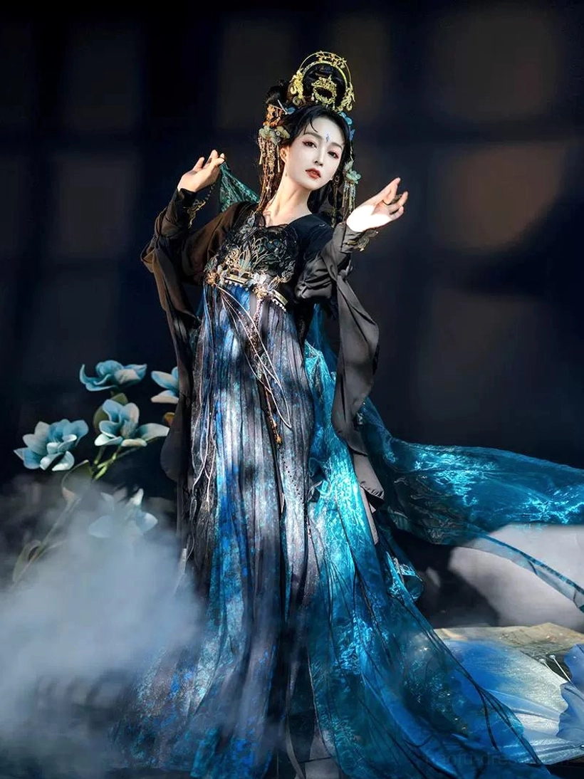 Front three-quarter view of a high-waisted Tang Dynasty Qixiong Ruqun costume with layered black robes, blue gradient skirt, ornate collar embroidery, and decorative waist chain